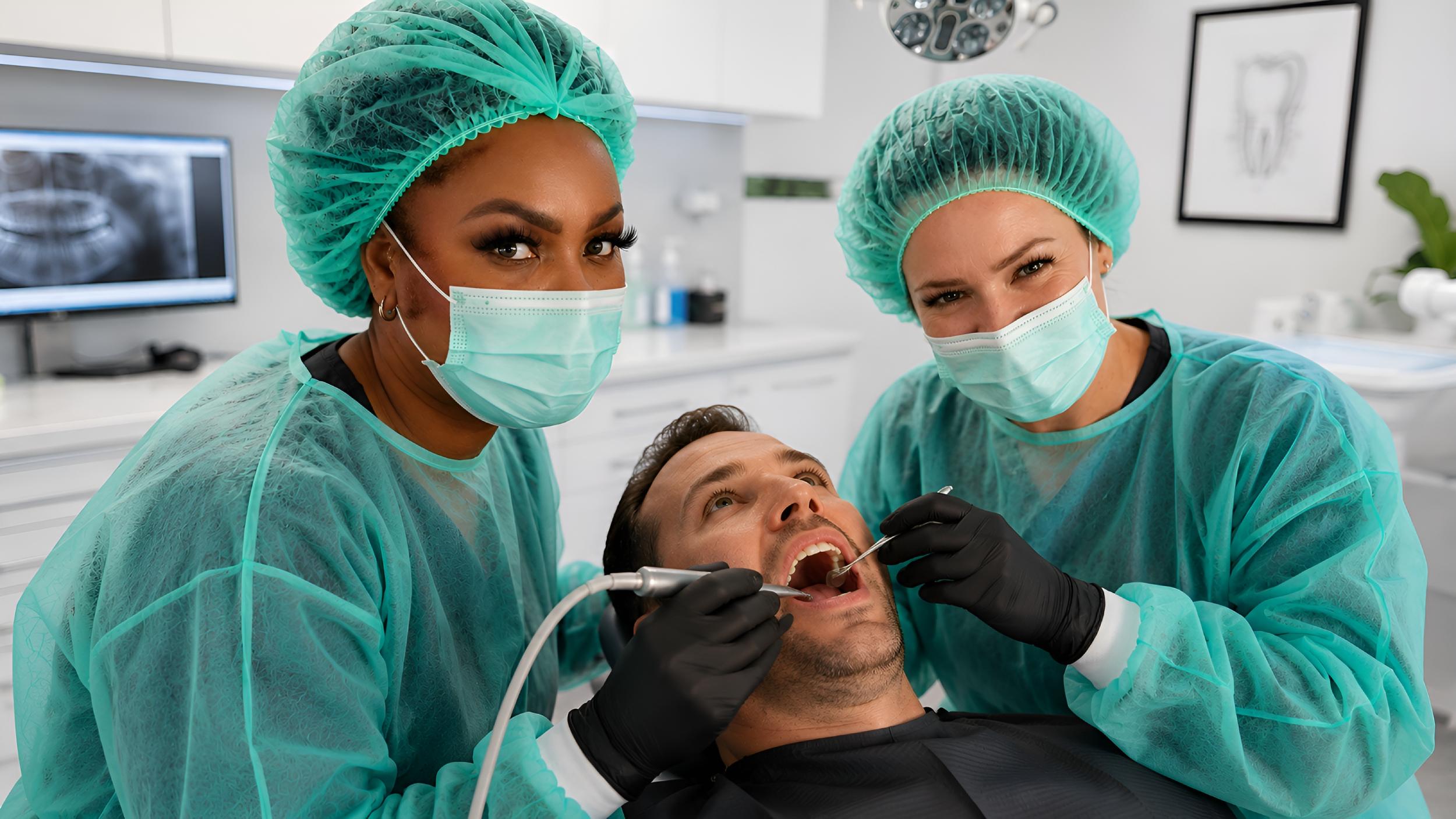 Mistress Katharina Amara leading a dental fetish session inside her medical BDSM clinic